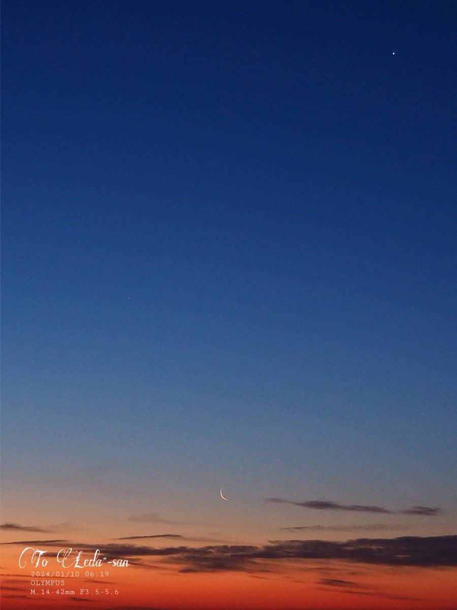 roseleonliliy78's tweet photo. #moon  #ツキ #同じ月をみている #月がきれいですね  #月 
🌕2024/01/10🌙旧暦:11/29
🌹撮影📸🔭06:19

Magic Hour🪄

お月様🌘✨ #繊月 と右上に #金星♀ #Venus🪐🌟✨
そして、左中央に水星☿  #Marcury🪐🌟

📸🔭冬のソラ🌹(*´˘`*)❁｡.💗🌸🦢🌟 https://t.co/mJkiyUxY3G