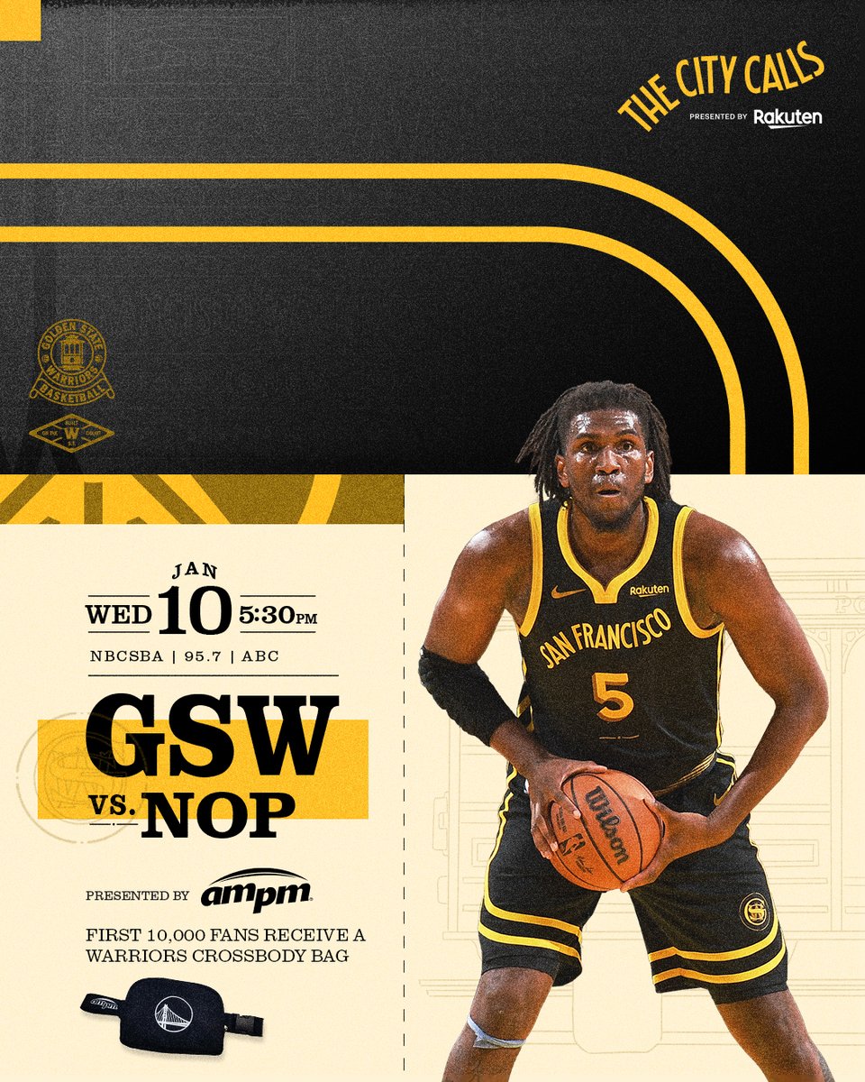 warriors's tweet photo. Got a game in The Bay  

🏀 GSW vs. NOP 
🕠 5:30pm PT 
📺 @NBCSAuthentic &amp; #NBAonABC 
📻 @957thegame 
🎫 https://t.co/uDR6QxCjSN 
📱 https://t.co/SzorqV0yzm  

@ampm || #DubNation https://t.co/1xYDEIWQsH