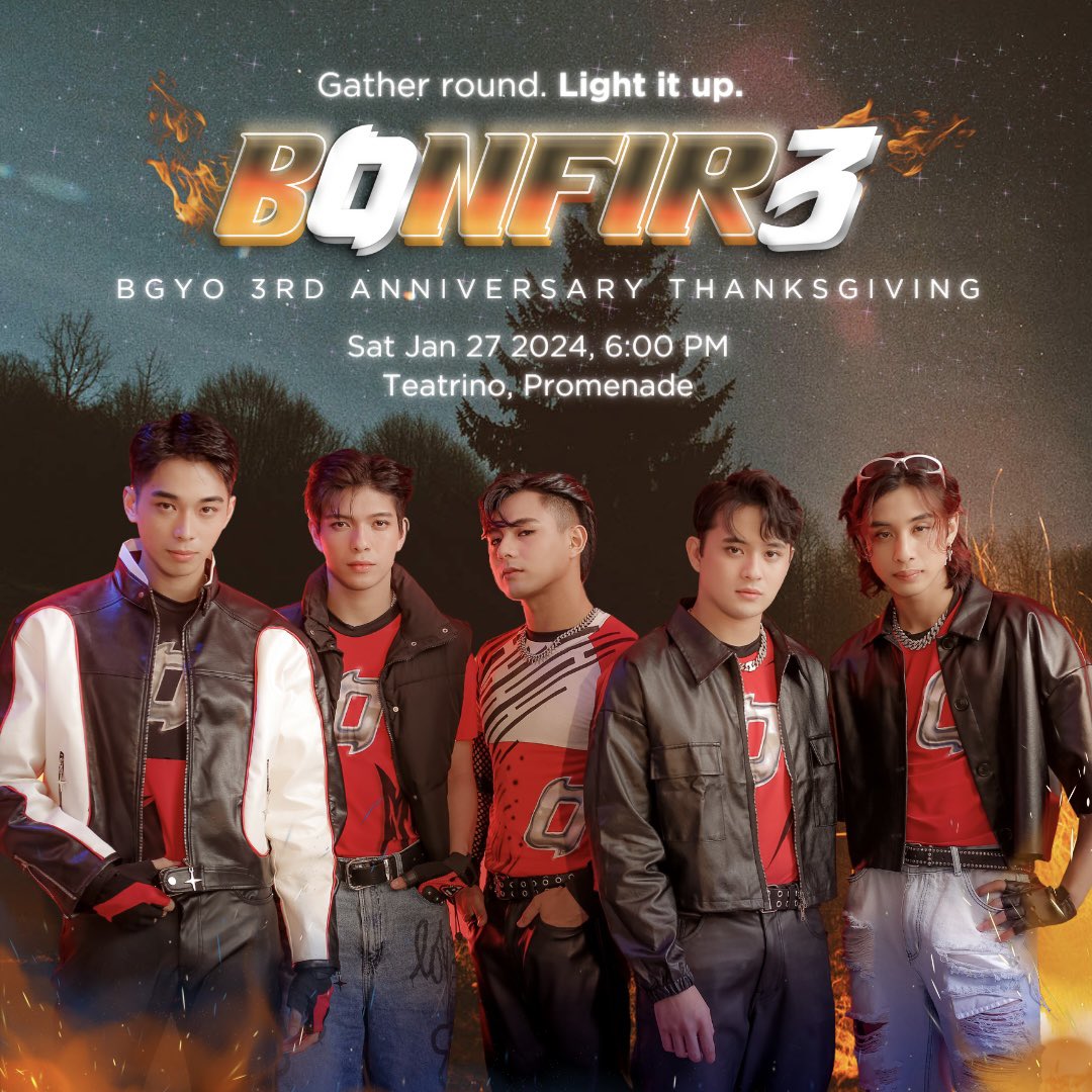 Gather round, light it up.
#BGYO_BONFIR3 is coming! 🔥

Ngayong January 27, let's fire up our 3rd anniversary with a special thanksgiving filled with memories, music, and fun!🎉  

To register... abangan mamayang 6PM! Kitakits, ACEs!♠️