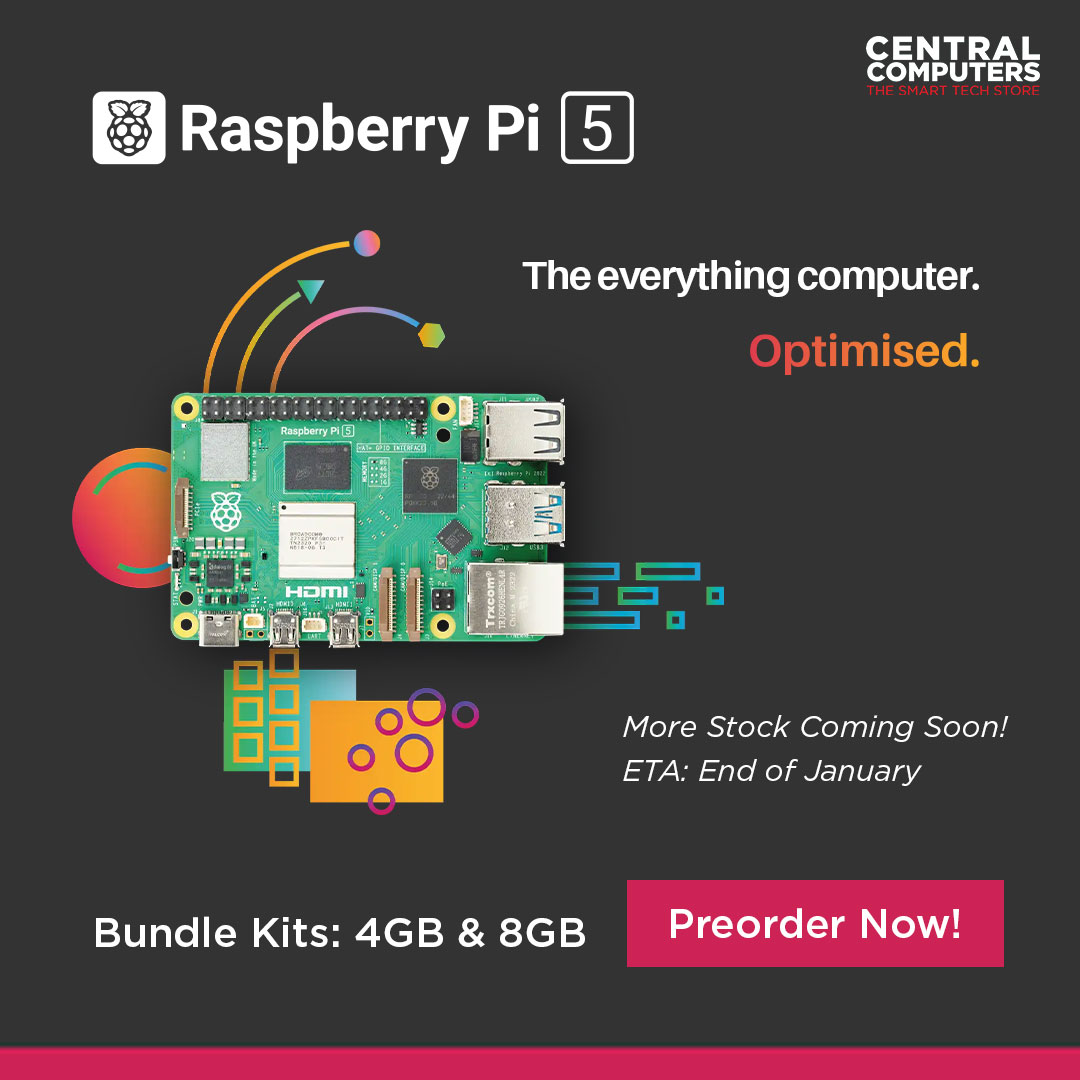 centralcomputer's tweet photo. Get ready to ignite your creativity with the Raspberry Pi 5! 🚀
Our restock is on the horizon, ETA: End of January. 

Secure your spot and preorder bundle kits now for both the 4GB and 8GB models. 🔥 
https://t.co/WNGze0e6IL

#RaspberryPi5 #DIY #tech #diytech https://t.co/qIZs171otJ