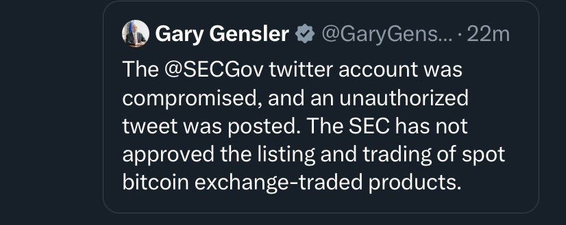BitcoinHopium's tweet photo. WAKE UP PEOPLE 🚨🚨🚨

Don’t be fooled by this HACK bulshit 🔔🔔

MY OPINION ON THIS!  💥💥
👇
SEC  just announced it too quickly BY MISTAKE ! It was meant to be announced on another day and in order to keep #btc price stable, easiest solution was to say “account was hacked” 🚨🚨

There must be a team within SEC that looks after their X account!

Furthermore , they’re must be a team that reviews and approves tweets before they are sent to X Sec account team for posting.

What it think happened here is that X SEC account team received an email with approved tweet for #bitcoin SPOT ETF , and it had a condition like date/time etc… when to post it. But the team missed that and posted it RIGHT AWAY! 💥💥💥

Watch this  space and don’t be surprised if SEC announces #bitcoin ETF APPROVAL again in few more days after this drama settles down!

THINK!!!!! WAKE UP!! 

Like ❤️ and repost ♻️ 🙏