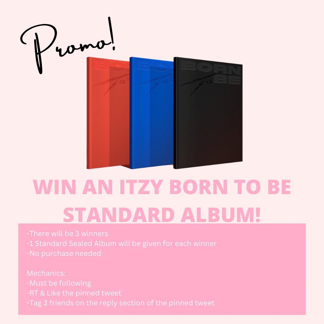 ✨ GIVEAWAY ✨ 1 Standard Sealed Album (3 winners) Mechanics: 1. Mbf 2. Like + RT pinned tweet 3. Tag 3 friends in the reply section of pinned tweet PH only 🇵🇭 Winners Announcement: Jan 16, 2024 🏷️ born to be itzy ga promo