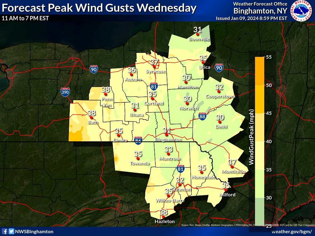 Peak winds are occurring now across the region. Here is a timing map of when the wind gusts are forecast to diminish below 35 mph later this evening/tonight. Westerly winds do increase back between 30-45 mph gusts by Wednesday afternoon over the region though. #NYWX #PAWX