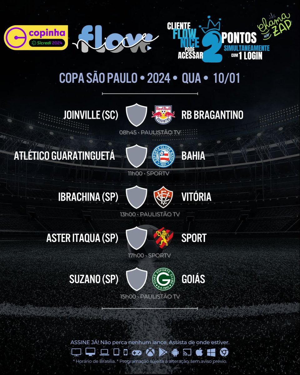 sofatvepipoca's tweet photo. ⚽ Programação • Quarta • 10/01
🏆 Copa São Paulo • Copinha https://t.co/uVqtex1roG