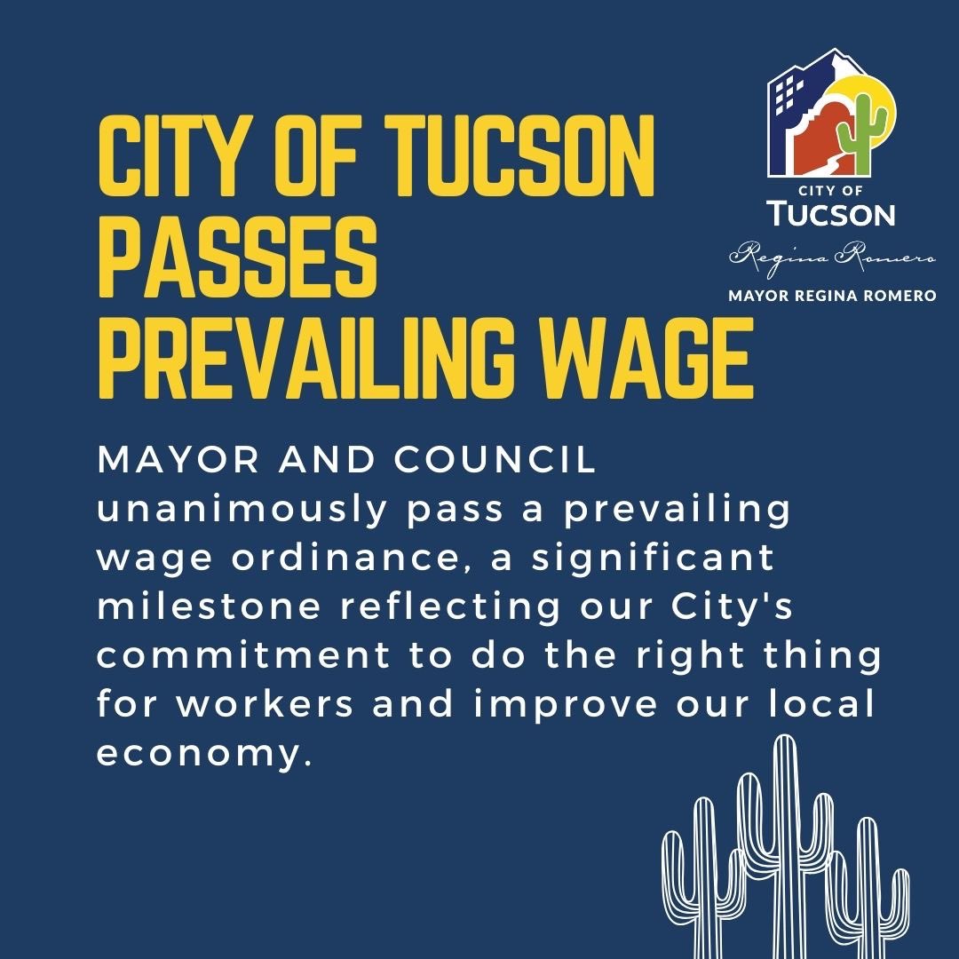 TucsonRomero's tweet photo. 🚨CITY OF TUCSON PASSES PREVAILING WAGE 🚨
City of Tucson Mayor Regina Romero and City Council have unanimously passed a prevailing wage ordinance tonight. This is a bold step forward reflecting the City’s commitment to do the right thing for workers. https://t.co/DyDjtljVFq
