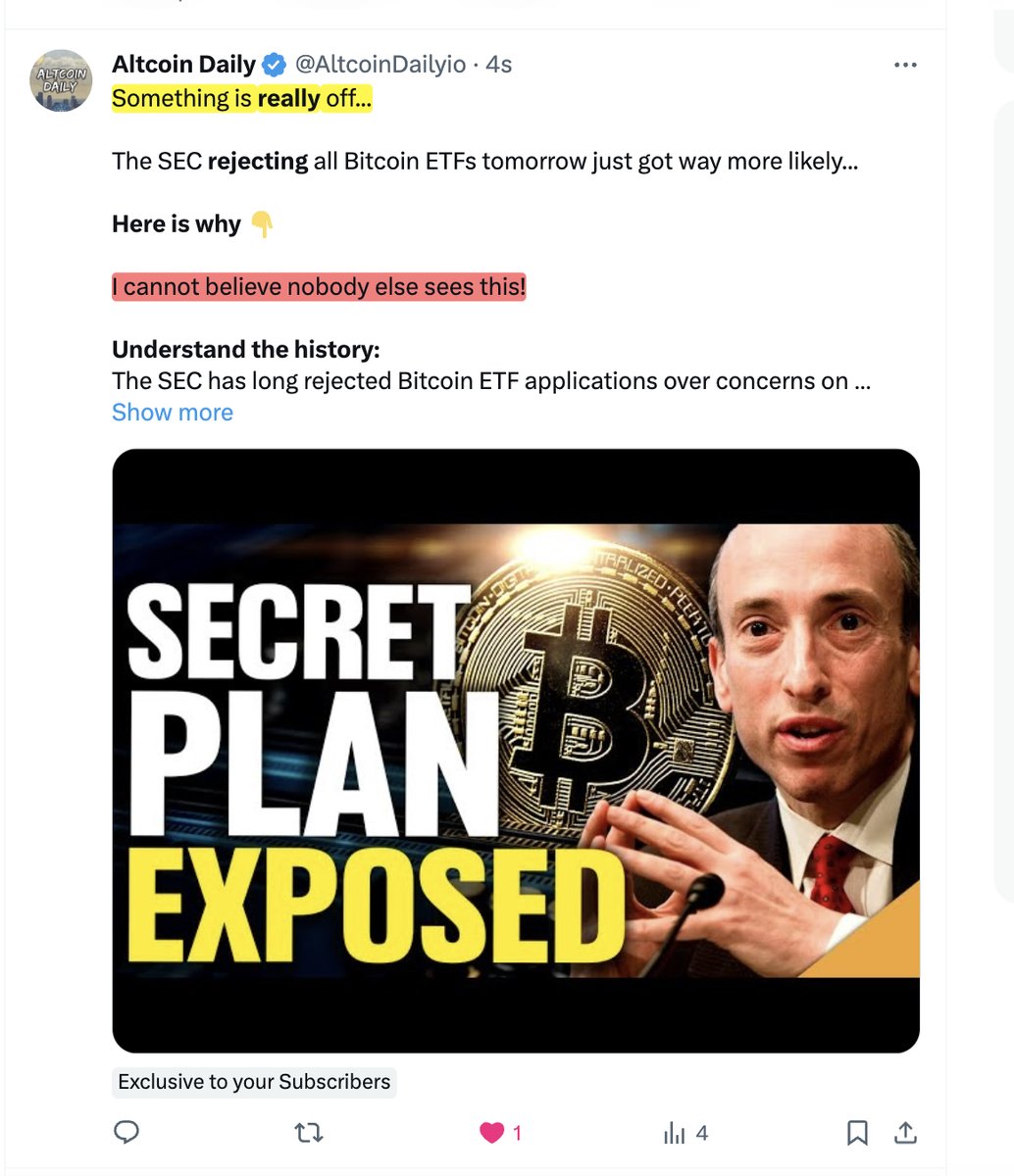 AltcoinDaily's tweet photo. The SEC is manipulating the bitcoin market!? 🚨

❤️ & RT 👉 if you think so

Does NOBODY else see this??? #BitcoinETF 

To be honest, I'm afraid to say this publicly as I don't want to get sued by Gary Gensler, Elizabeth Warren, BlackRock, or their associates.

So, for now this info is ONLY for my X subscribers.

Subscribe. I might delete soon. $BTC $ETH
