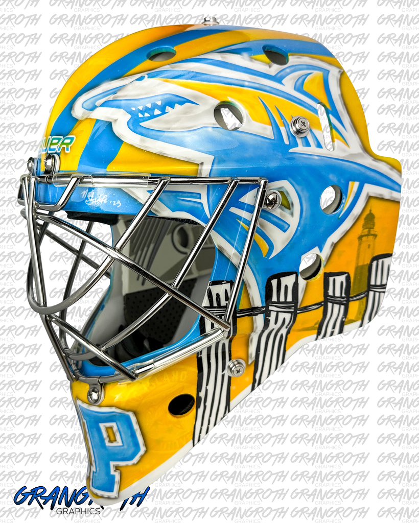 Long Island University 2023-24 <a href="/Brandon_Perrone/">Brandon Perrone</a> <a href="/LIUMHockey/">LIU Men’s Ice Hockey</a> One of the best color schemes in college hockey! An honor to paint masks for LIU this year! 🦈🖌️🎨