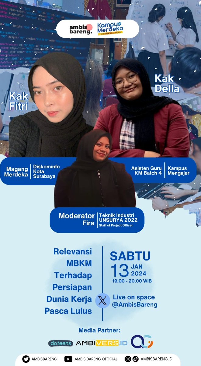 AmbisBareng's tweet photo. Halo Sobat Ambar🙌🏻

Ambis Bareng akan hadir kembali di X Space, dengan topik relevansi MBKM dengan persiapan dunia kerja!

Yuk chit chat bareng Kak Fitri bersama Kak Della hari Sabtu besok, untuk dapetin insight yang informatif &amp; kece abiez✨ https://t.co/ZffKyaXgmI