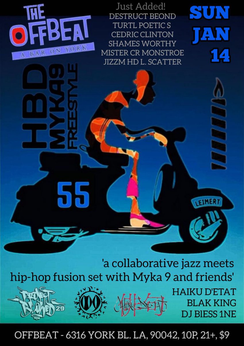Destruct 🇧🇷/🇨🇱 (@destructla) on Twitter photo This Sunday Jan 14th 🎯
I’ll be rockin’ @ the OG <a href="/myka9/">myka 9</a> ’s Bday Celebration
Live from <a href="/theoffbeatbar/">The OffBeat Bar</a> in #HighlandPark
Alongside some good folks from the #ProjectBlowed💡 <a href="/itsbeond/">BeOND (Acid Reign)</a>, @abbeyrizzle, <a href="/aceyalone/">Aceyalone</a> & more!
ticket link @ keepthefeel.bandcamp.com/merch/ticket-t… This Sunday Jan 14th 🎯
I’ll be rockin’ @ the OG <a href="/myka9/">myka 9</a> ’s Bday Celebration
Live from <a href="/theoffbeatbar/">The OffBeat Bar</a> in #HighlandPark
Alongside some good folks from the #ProjectBlowed💡 <a href="/itsbeond/">BeOND (Acid Reign)</a>, @abbeyrizzle, <a href="/aceyalone/">Aceyalone</a> & more!
ticket link @ keepthefeel.bandcamp.com/merch/ticket-t…