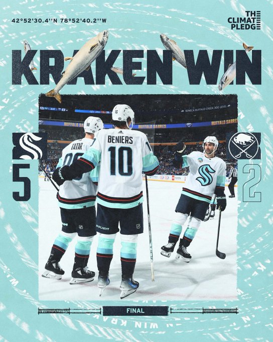 kraken win graphic with photo of beniers, tatar and eberle celebrating a goal kraken: 5 sabres: 2