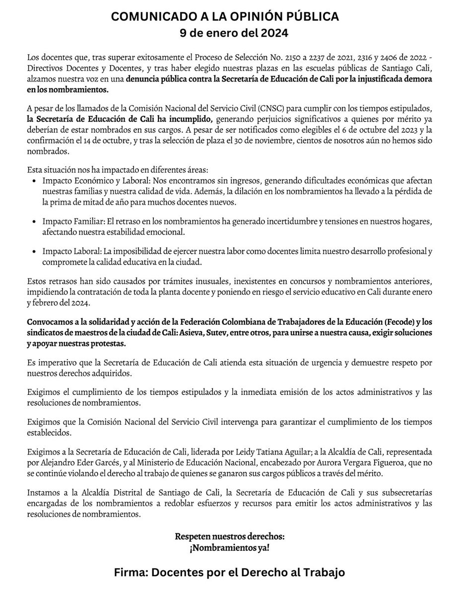 rivas9323's tweet photo. Necesitamos ayuda con esta situación, somos muchos docentes en Cali que nos estamos viendo afectados por el retraso en este proceso @CNSCColombia @Educacion_Cali @alejoeder @fecode @Mineducacion @petrogustavo https://t.co/MvgDPsZYRr