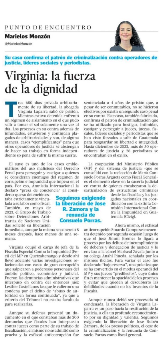 MarielosMonzon's tweet photo. ✍️Aunque nunca debió ser procesada, la liberación de #VirginiaLaparra es un paso hacia la restitución de la justicia. A ella un profundo reconocimiento.
Seguimos exigiendo la liberación de @ChepeZamora,  los presos políticos y la renuncia de #ConsueloPorras como fiscal general👇