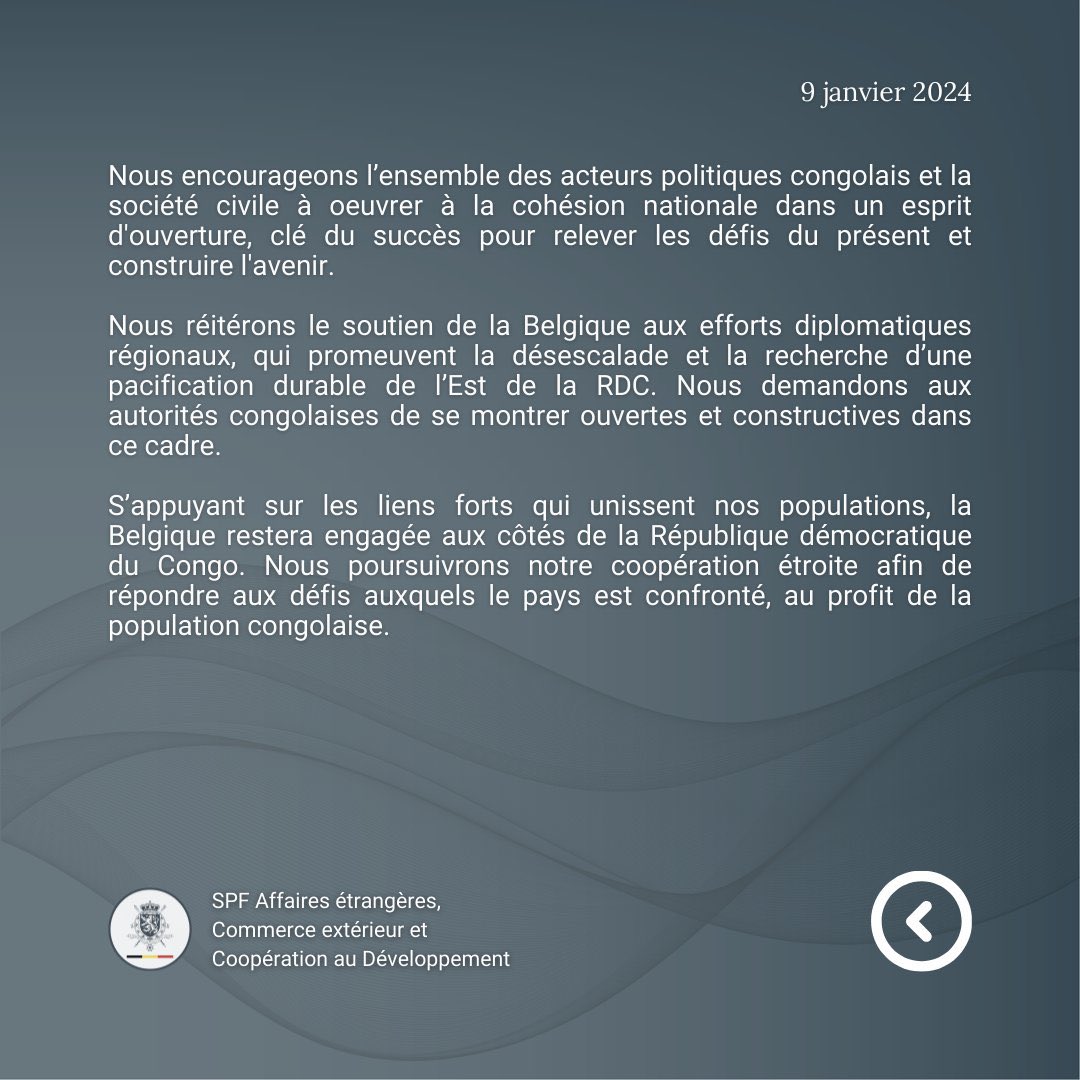 Ubuntu_RDC's tweet photo. La Belgique encourage le Président Tshisekedi d’initier et de poursuivre les efforts en matière de bonne gouvernance et des droits humains, de la lutte contre la corruption, de réforme du secteur de la Justice et de la Sécurité, mais d’améliorer le climat des Affaires
#UbuntuRDC https://t.co/kAiYYukpVo