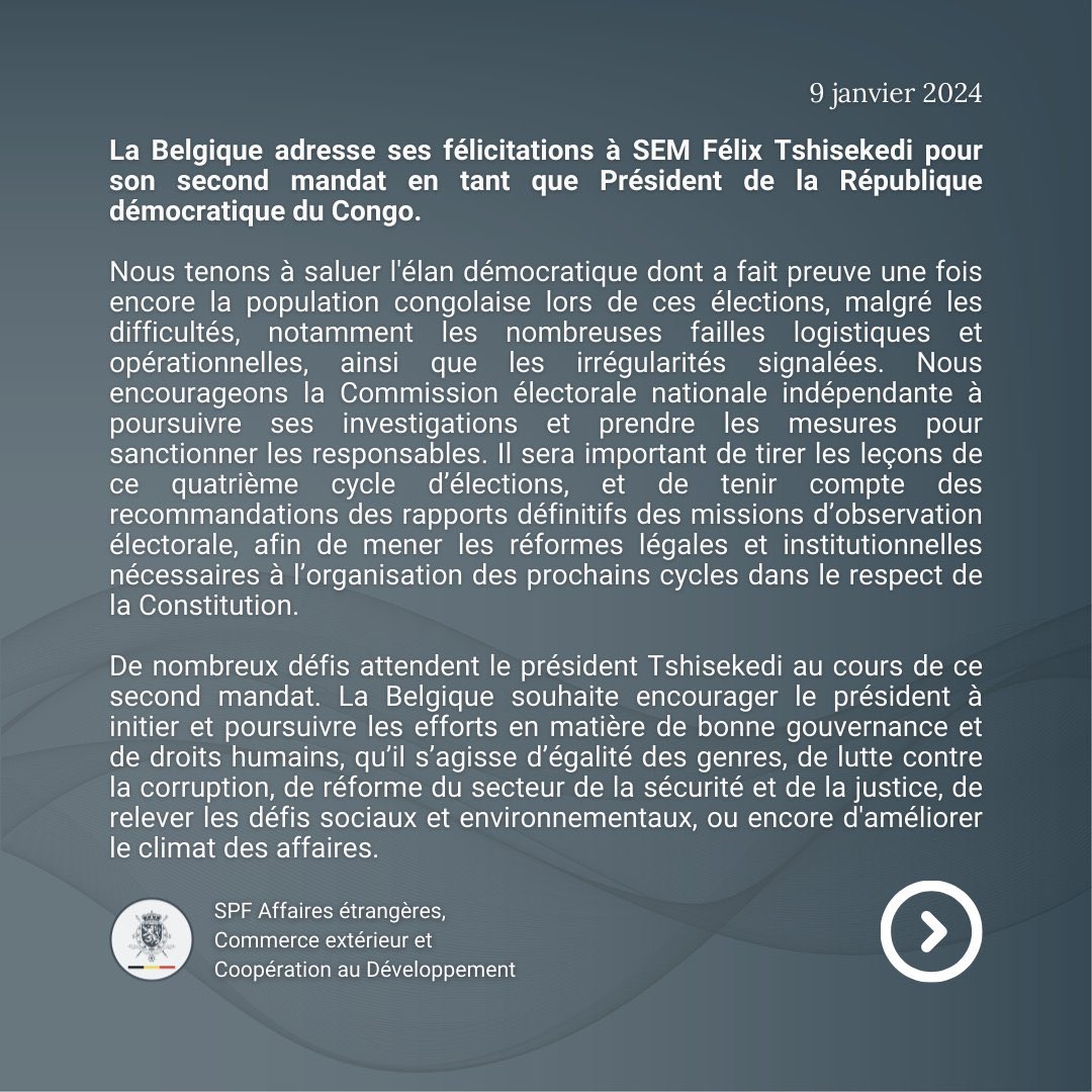 Ubuntu_RDC's tweet photo. La Belgique encourage le Président Tshisekedi d’initier et de poursuivre les efforts en matière de bonne gouvernance et des droits humains, de la lutte contre la corruption, de réforme du secteur de la Justice et de la Sécurité, mais d’améliorer le climat des Affaires
#UbuntuRDC https://t.co/kAiYYukpVo