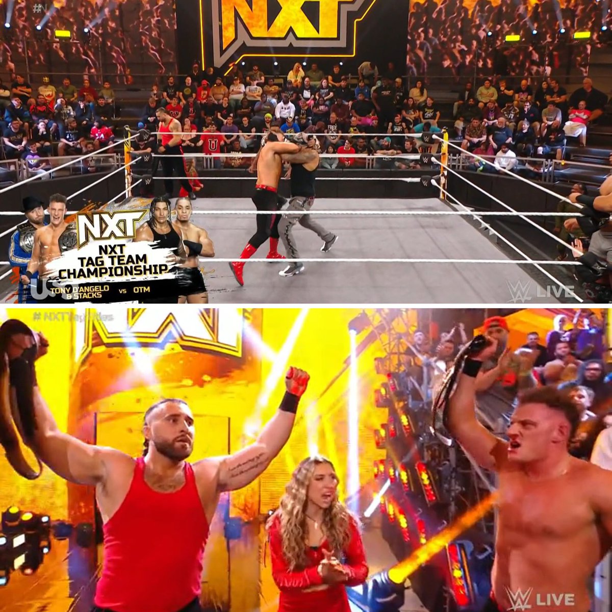 onlylukaWfans's tweet photo. #WWENXT #LaFamilia retienen los títulos TAG TEAM frente a #OTM queines a pesar de la interferencia de #SCRYPTS son derrotados porque #AdrianaRizzo lo empuja... #STACKS y #ToniDangelo celebran #wwe #nxt https://t.co/G7W8uxeokR