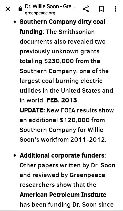 Not surprising, nothing to see here folks. 
Who exactly does Dr. Soon mean by being ruled by the 'few'? Dr. 

Willie Soon: A Career Fueled by Big Oil & Coal - Dr. Soon has contracts with Southern Company, the Koch Brothers, Exxon Mobil, & the DonorsTrust.
greenpeace.org/usa/fighting-c….
