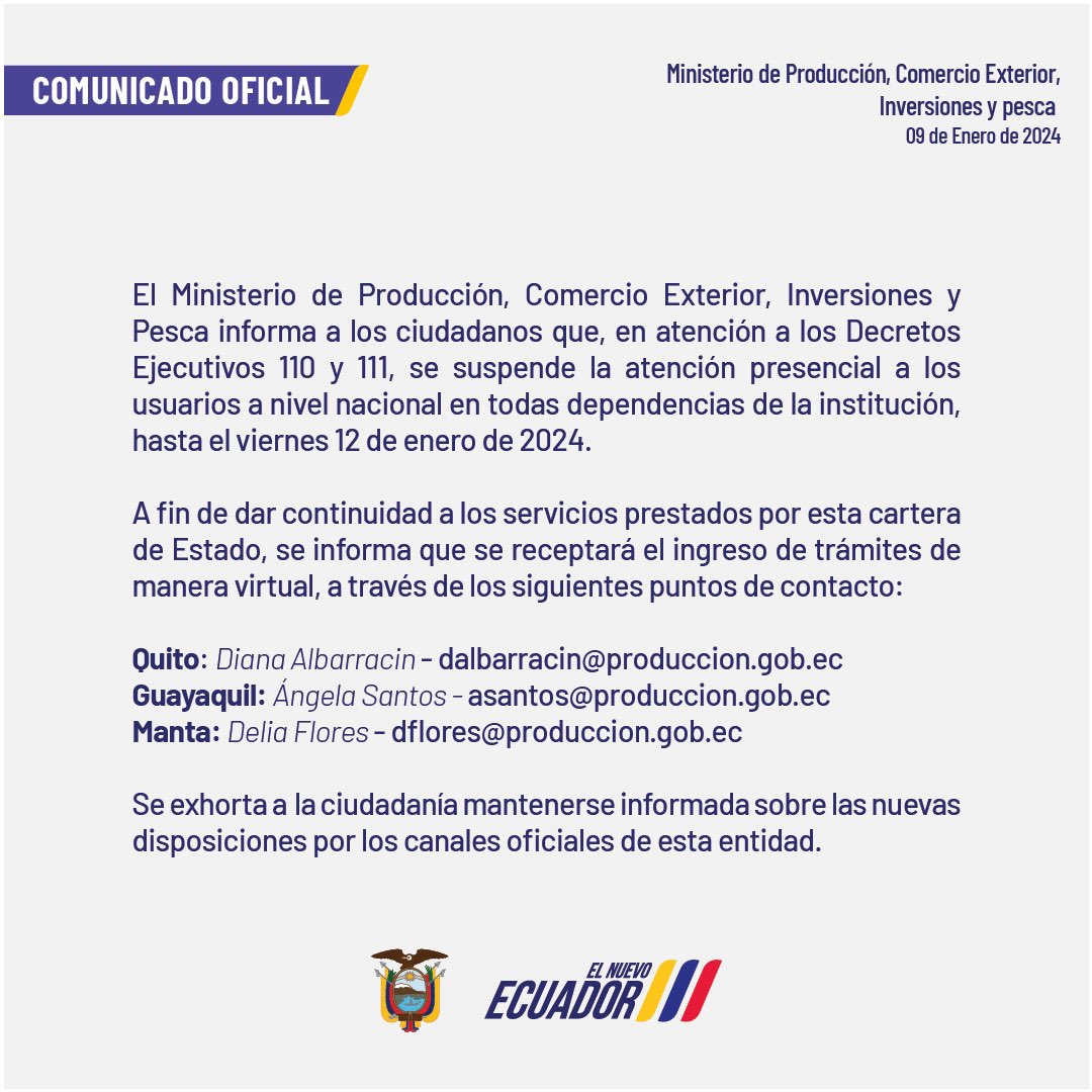 Produccion_Ecu's tweet photo. 𝐂𝐎𝐌𝐔𝐍𝐈𝐂𝐀𝐃𝐎 𝐎𝐅𝐈𝐂𝐈𝐀𝐋 📄 | Ante la actual situación que afronta el país, se comunica la suspensión de la atención presencial en todas nuestras dependencias. 

Les invitamos a conocer los puntos de contacto para el ingreso de trámites virtuales ⤵️ https://t.co/TSnHYO7H5w