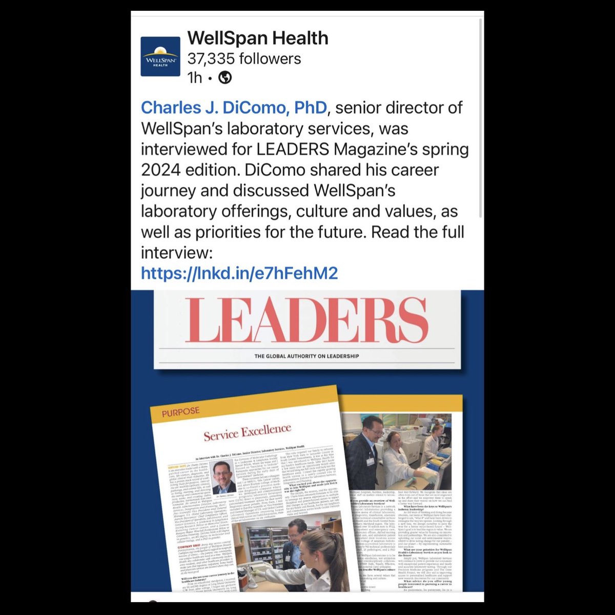 CharlesDiComo's tweet photo. Humbled, honored &amp; #WellSpanProud for the opportunity to shine a light on WellSpan Health Laboratory Services and my dedicated team of 700+ technical professionals &amp; laboratorians. Be passionate, be persistent, engage &amp; deliver! LEADERS article: https://t.co/bQNWYpLlw6 https://t.co/Rg5D0cg2cj