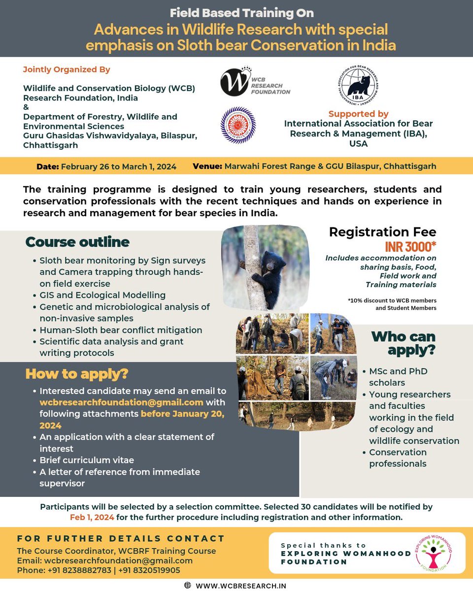 Ten days left to apply for this field based training in association with @IBAbearbiology 
Apply Now 
@WcbResearch #wildlfieresearch #ecologyresearch #wildlifetraining #bearbiology #conservation