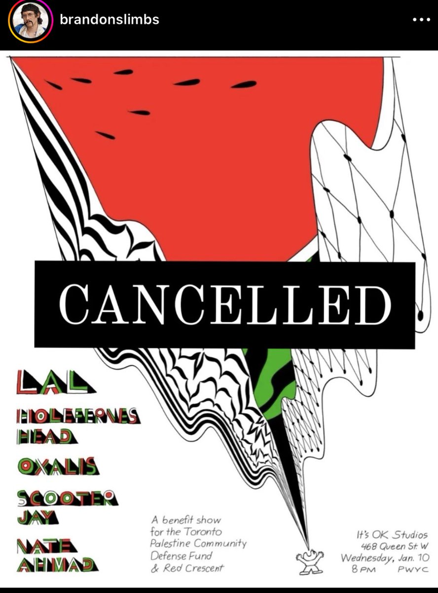 We regret to announce that our fundraiser for the TO Palestine Community Defense Fund and @palestineredcrescent has once again been CANCELLED last minute, this time by @itsok.world due to safety concerns.