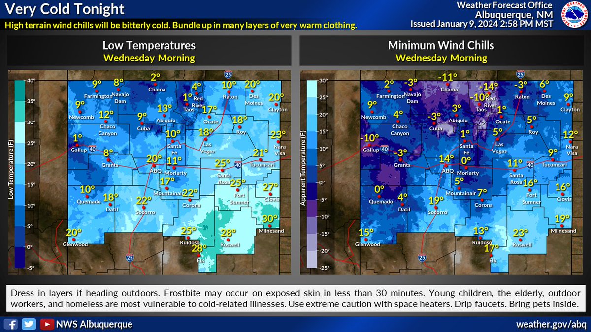 NWSAlbuquerque's tweet photo. Temperatures tonight will continue to drop with clear skies &amp; fresh snowpack across a  lot of New Mexico. Winds will vary quite a bit across the region. Light winds will help temperatures drop even more while higher winds will be for low wind chills. Be ready for the cold! #NMwx https://t.co/9otAIx8kxw