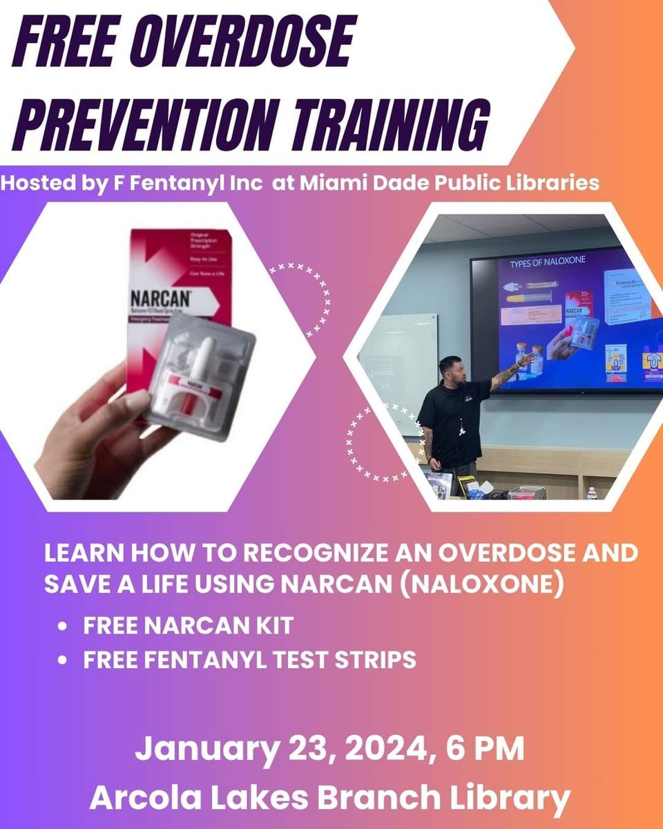 Join us for Overdose Prevention Training! In this training, you'll gain practical skills in recognizing the signs of overdose, administering naloxone, and providing immediate assistance. 
January 23, 2024, 6 PM
Arcola Lakes Branch
8240 NW 7 Ave
Miami, FL 33150
#miamidade #mdpls