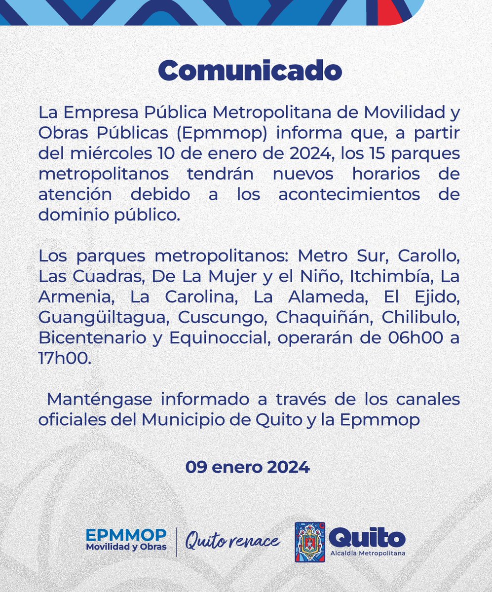ObrasQuito's tweet photo. 📑#Comunicado | Debido a los acontecimientos en el país informamos a la ciudadanía lo siguiente: https://t.co/UbpFTUBZBJ