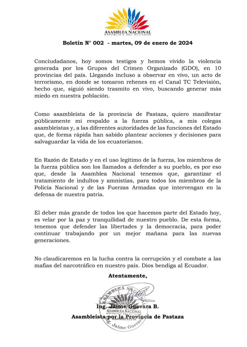 jaimeguevarabl's tweet photo. Quiero manifestar públicamente mi respaldo a la fuerza pública, a mis colegas asambleistas y a las diferentes autoridades de las funciones del Estado que, de forma rápida han sabido plantear acciones y decisiones para salvaguardar la vida de los ecuatorianos 🇪🇨 https://t.co/v3RroQdSLi