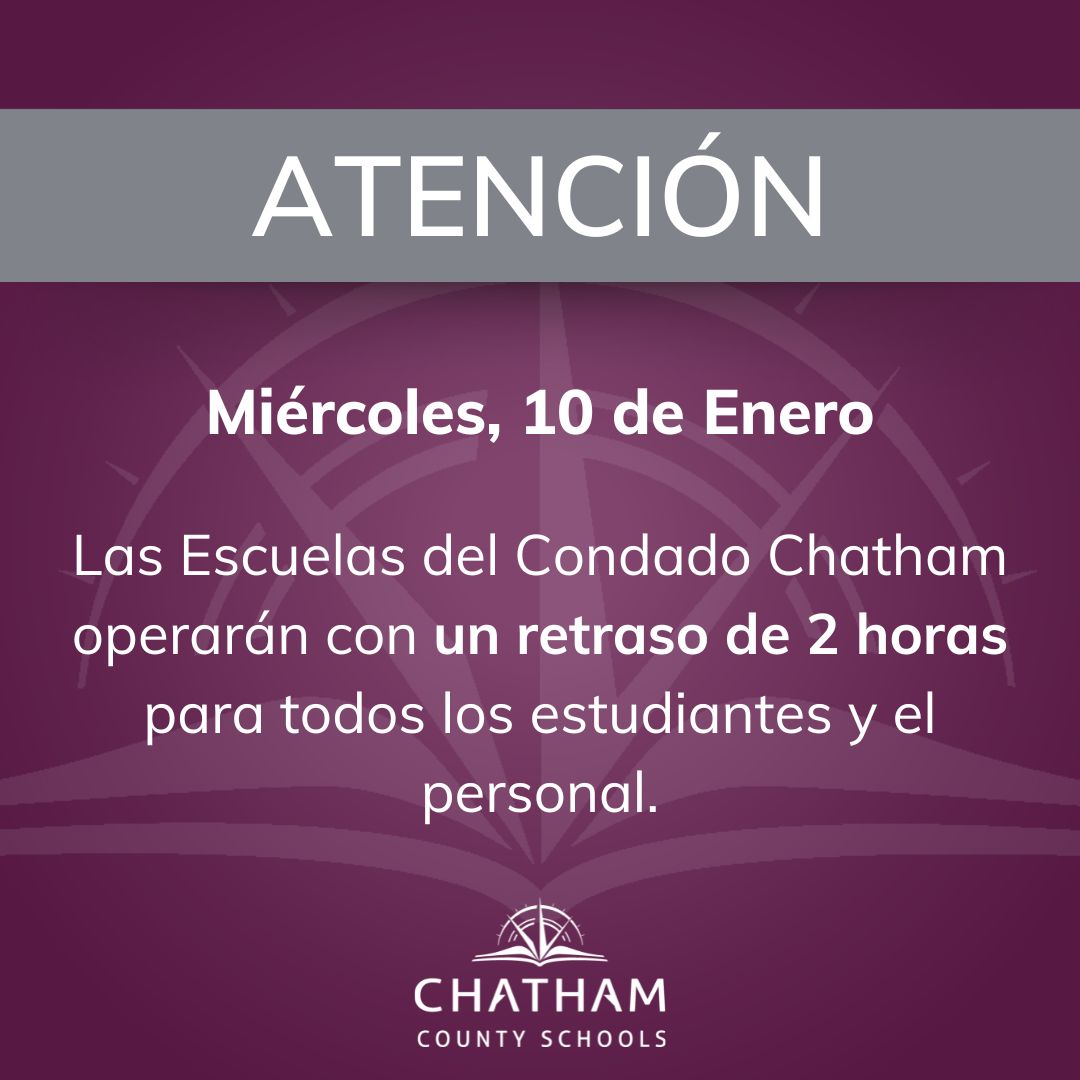 Due to power outages &amp; downed trees in our community, Chatham Co Schools will operate on a 2-hr delay on Wed, Jan 10th for all students &amp; staff. We will continue to closely monitor the situation, and if any changes become necessary, we will share that info with you. #OneChatham