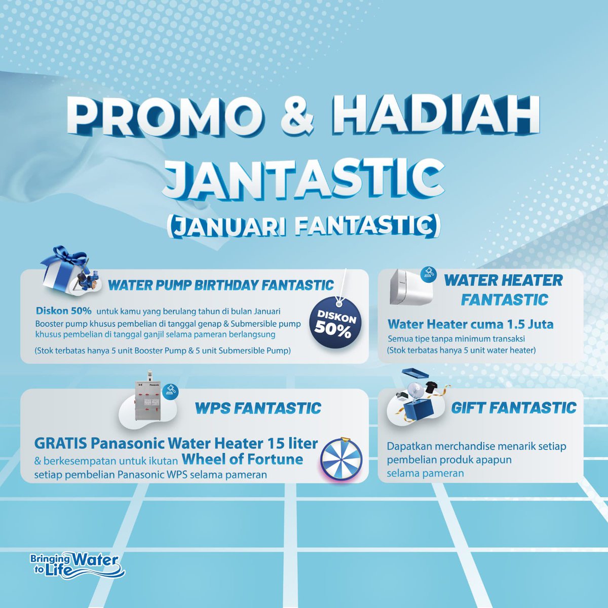 IDPanasonic's tweet photo. Panasonic Water Solutions Exhibition x Rumah Pompa hadir di Summarecon Mall Bekasi‼️✨

Jangan sampai terlewatkan ya. Pameran mulai 8 - 14 Januari 2024, jadi buruan mampir......‼️

#IAQsolutions #IDPanasonic #bringingcleanwatertolife #bringingwatertolife #pompaair #waterheater https://t.co/zfpgjEsyJW