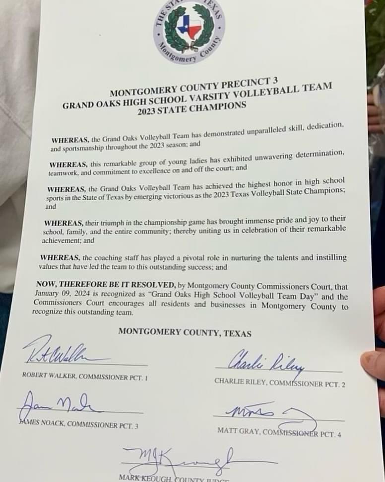 What a special day! Thank you @jamesnoack for the invite to Montgomery County Commissioners Court today to recognize our state championship and for declaring 1/9/2024 as “Grand Oaks Volleyball Team Day” in Montgomery County! We appreciate the support! 🧡💙