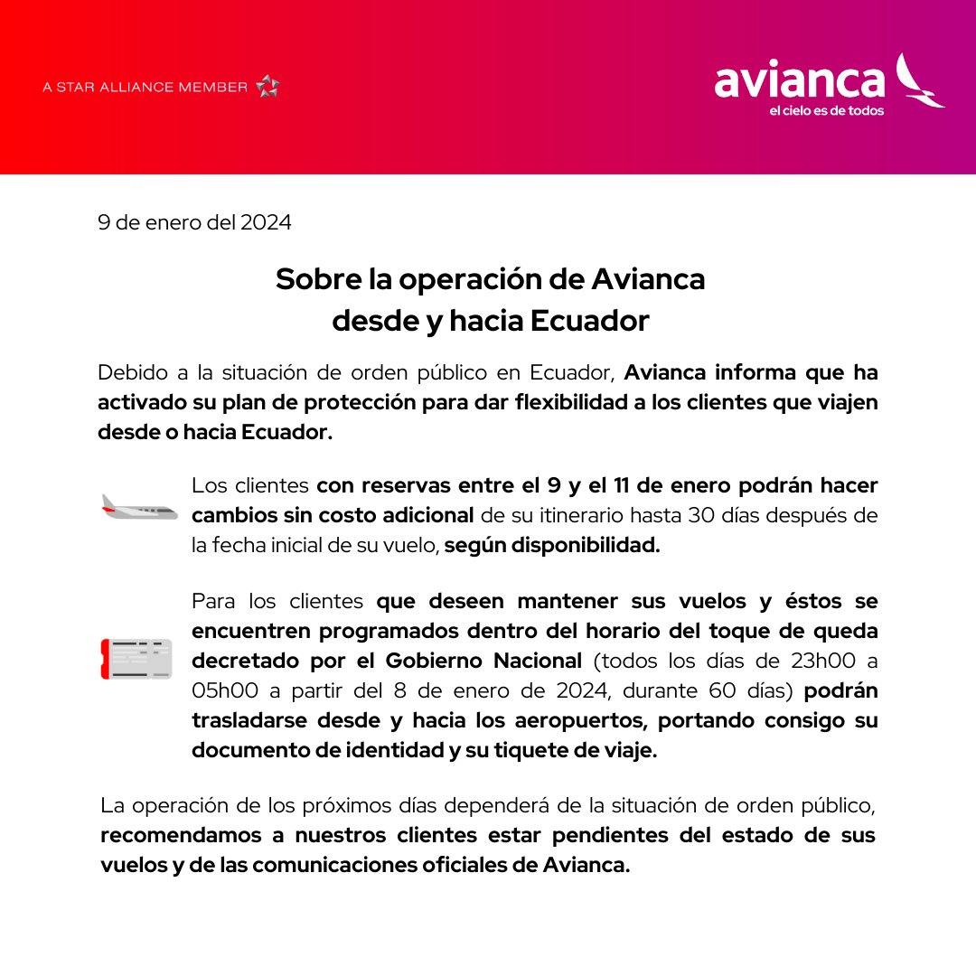 aviancasam's tweet photo. #AtenciónViajeros ⚠️: Debido a la situación de orden público que se presenta en #Ecuador, informamos: https://t.co/y3FtaM7WRn
