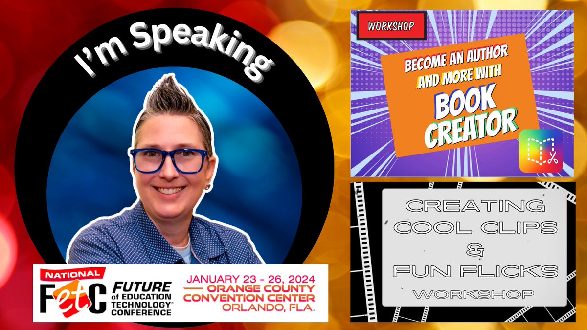 Attending @fetc in Orlando? It's only 1 week away; I'm thrilled to be presenting. Join me for one of my #edtech workshops: 'Become an Author and More with Book Creator ' Tues, Jan 23, 1:30 PM - 3:30 PM 'Creating Cool Clips & Fun Flicks' Tues, Jan 23, 4:00 PM - 6:00 PM #FETC