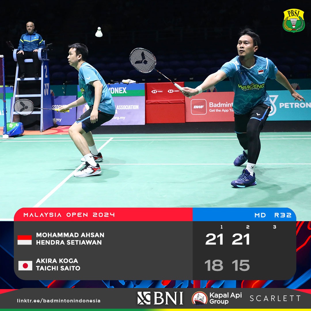 INABadminton's tweet photo. A convincing start by Daddies!

Kalahkan pasangan Akira/Taichi, Hendra/Ahsan melaju ke babak 16 besar.

#MalaysiaOpen2024 https://t.co/QpVKfHsXNs