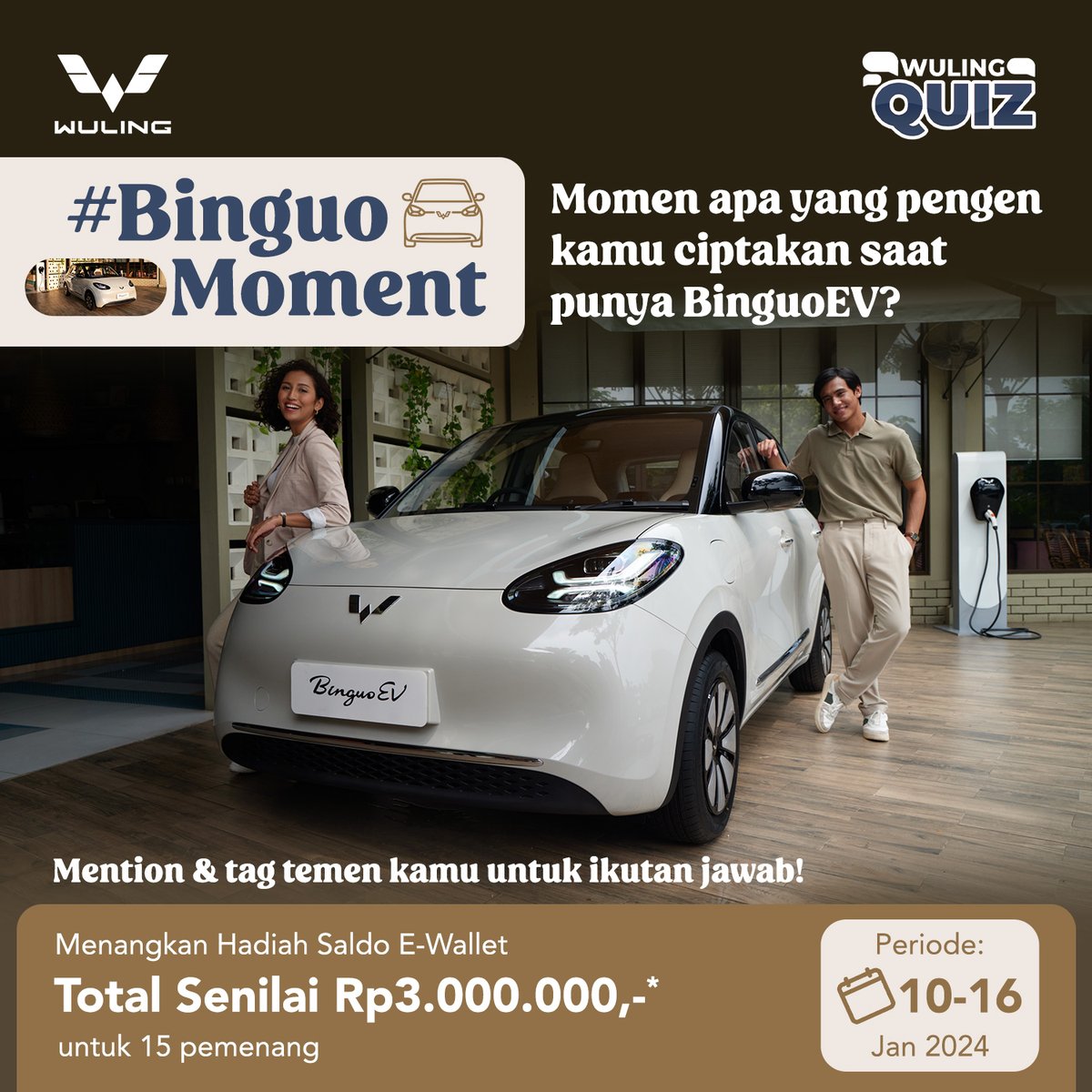 WulingMotorsID's tweet photo. It’s #BinguoMoment Quiz Time!

Yuk, share di kolom komentar momen apa yang pengen kamu rasakan saat punya #BinguoEV! Ada hadiah menarik total senilai Rp3juta* untuk 15 pemenang beruntung!

Pastikan kamu cek &amp; ikuti mekanisme cara ikutannya dengan benar!

#WulingMotors #WulingQuiz https://t.co/tX0POZw71V