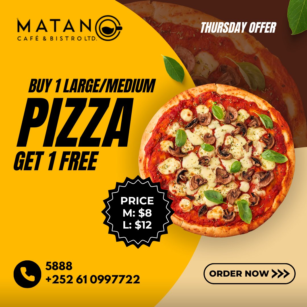 matancafe's tweet photo. Offer-ka Khamiista: Pizza Day🍕
𝐈𝐈𝐁𝐒𝐎 hal Pizza oo Medium ama Large ah oo hel hal Pizza oo 𝐋𝐀𝐂𝐀𝐆 𝐋𝐀'𝐀𝐀𝐍 ah.
Buy one Medium or Large Pizza and Get one 𝐅𝐫𝐞𝐞 🍕
𝐅.𝐆: Offer-kani waxa uu soconayaa 8:00AM ilaa 10:30PM
𝐖𝐡𝐚𝐭𝐬𝐀𝐩𝐩: +𝟐𝟓𝟐 𝟔𝟏 𝟎𝟗𝟗𝟕𝟕𝟐𝟐 https://t.co/YjXEceg8qK