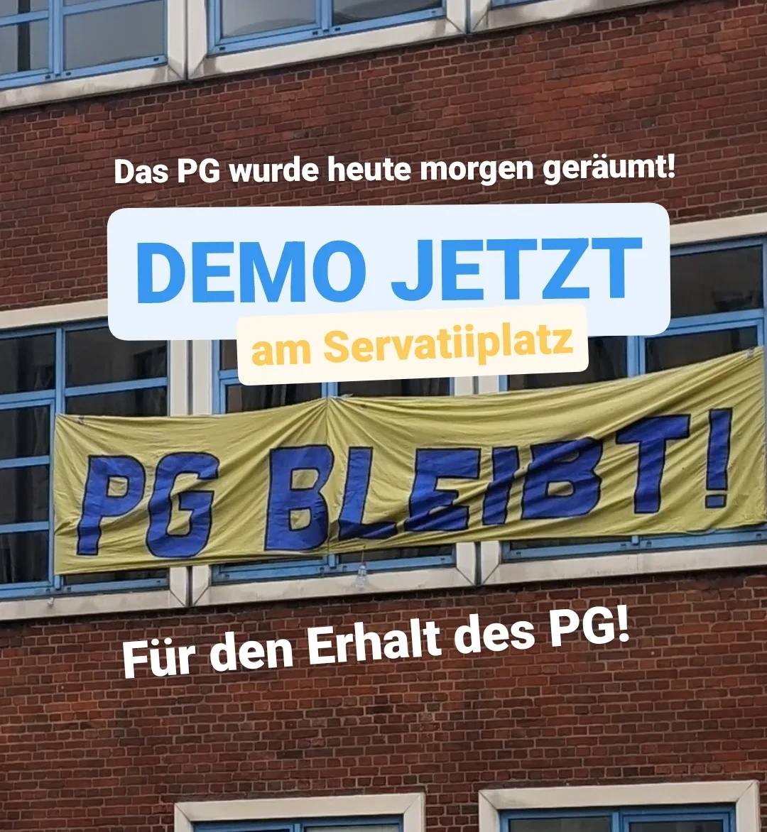 Bleiberecht4all's tweet photo. Es läuft gerade eine Demo wegen der Räumung des #pgbleibt

Wer kann: kommt zum Servatiiplatz

#Münster https://t.co/DNcafPXn07