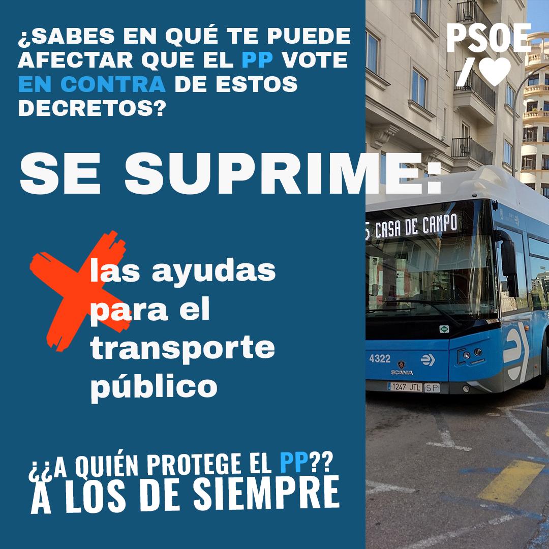 PSOE's tweet photo. Si el PP vota NO a las medidas anticrisis:

Dirán NO a las ayudas para el transporte público.

#SíAlDecreto https://t.co/sWjlvyQSDe