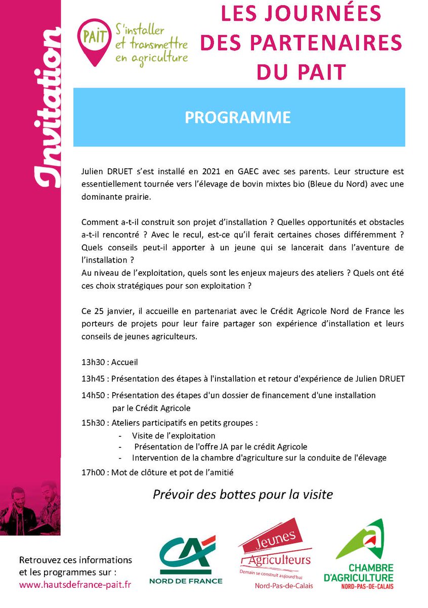 [Journée Installation]
La prochaine journée installation c'est dans 2 semaines ! 🧑‍🌾🌾
📍Rendez-vous à Saint-Aubin pour parler élevage laitier 🐄
<a href="/ca_ndf/">CRÉDIT AGRICOLE NORD DE FRANCE</a> 
#jeunesagriculteurs #janpdc #agriculteur #installation