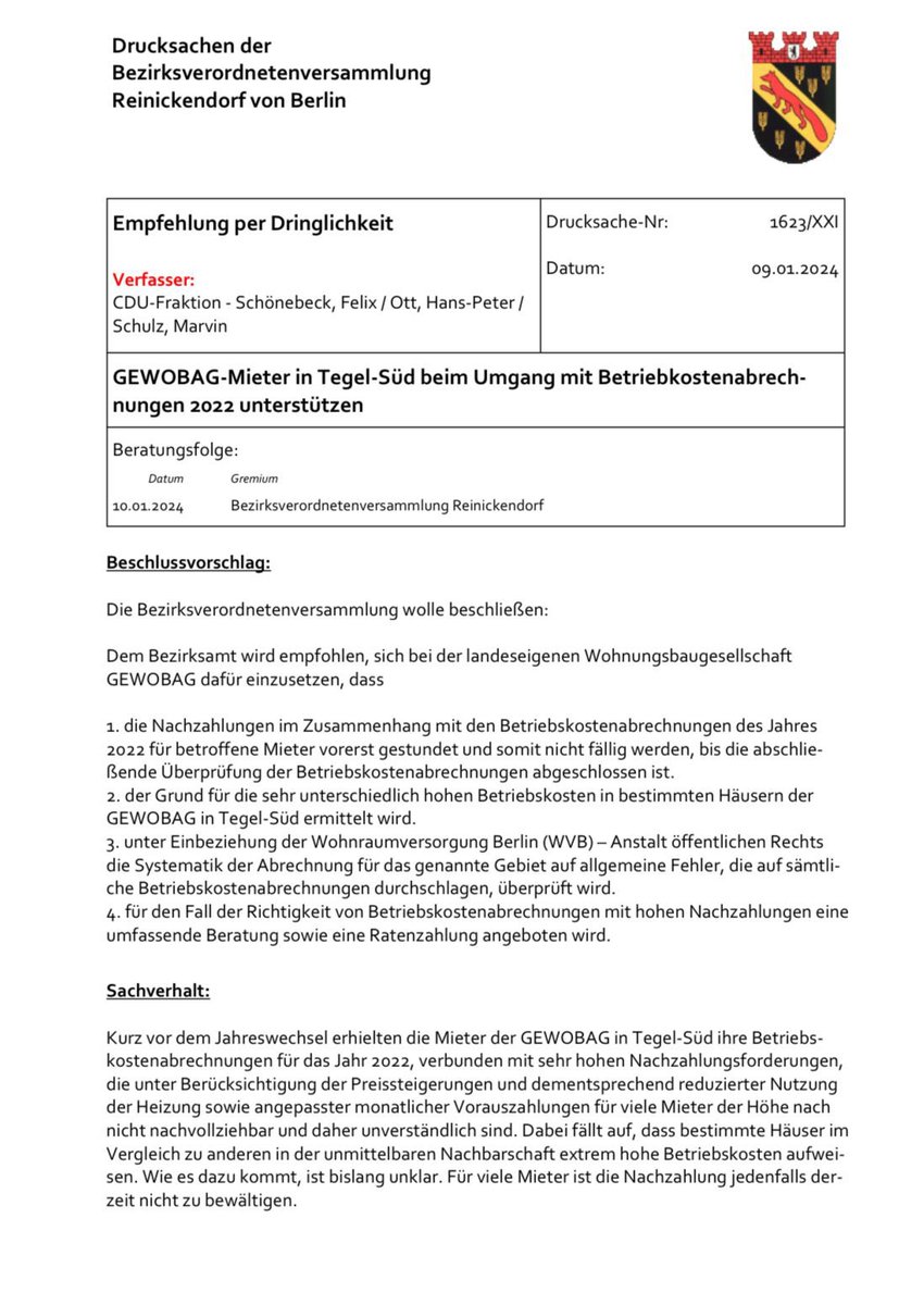 Heute in der #BVV #Reinickendorf: Dringlichkeitsantrag zur Unterstützung der #GEWOBAG-Mieter in #Tegel-Süd bei den hohen Nachzahlungen und #Betriebskostenabrechnungen für 2022. Wir wollen, dass die Forderungen gestundet werden, bis alle Fälle abschließen überprüft worden sind!