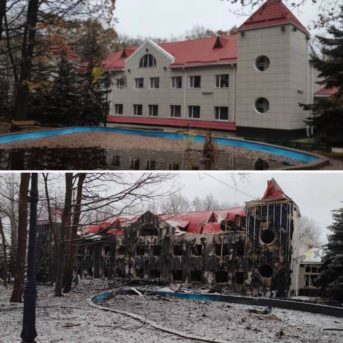maria_drutska's tweet image. Before and after russki mir:

‼️ Due to yesterday's missile strikes on Kharkiv, the Children's Health and Recreation Center has been damaged.