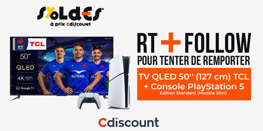 🎁 #Concours #CdiscountSoldes Une Console PS5 - Edition standard (version Slim) et une TV QLED TCL 50'' à gagner Pour tenter ta chance : ✔️ RT + FOLLOW @CdiscountGaming 🍀 TAS le 16/01