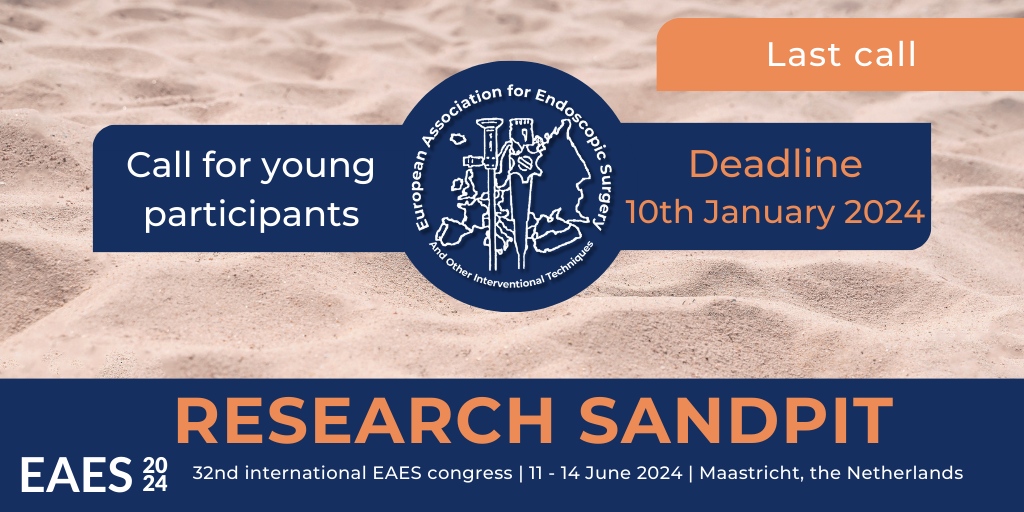 EAES_eu's tweet photo. Last chance to apply for the #EAESResearchSandpit. The call closes today at 23:59 hrs CET. Don't miss out on this unique opportunity to learn more about doing #research in the medical field. Apply now! https://t.co/Y2vMLc9KNm
#EAES #EAESFamily #EAES2024 #ResearchSandpit https://t.co/E0rFgjZORa