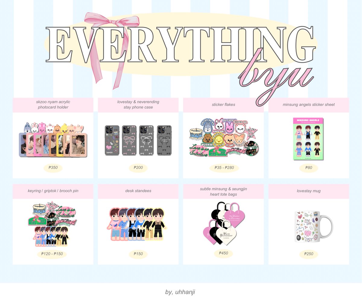 ꒰ wts lfb skz ph ꒱ #uhhanjisells 🐇

everything byu collection batch 1 🎀

⤷ see form for more details 
⤷ rcbyt uhhanji.carrd.co

🎐 order form: docs.google.com/forms/d/e/1FAI…

🩰 stray kids skzoo bang chan lee know changbin hyunjin han jisung felix seungmin jeongin i.n