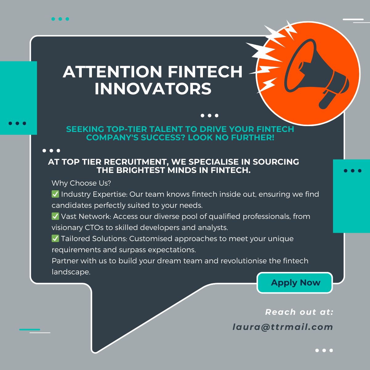 Top Tier Recruitment (@toptierjobs) on Twitter photo Since establishing our business almost 8 years ago, we have always work specifically within Fintech. We have recently expanded capacity and would love to discuss how we can partner. Contact laura@ttrmail.com #fintechrecruitmentireland #fintechcareersireland #fintechjobs Since establishing our business almost 8 years ago, we have always work specifically within Fintech. We have recently expanded capacity and would love to discuss how we can partner. Contact laura@ttrmail.com #fintechrecruitmentireland #fintechcareersireland #fintechjobs