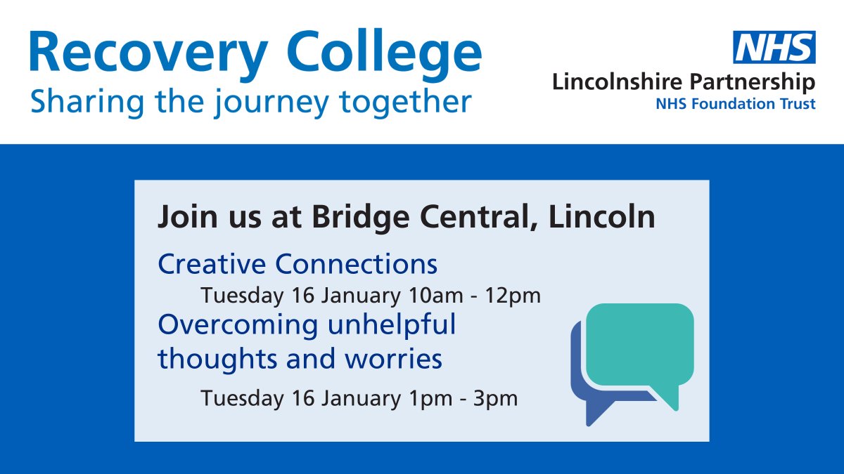 Join the #LincsRecoveryCollege team at Bridge Central in Lincoln next Tuesday, for one or even both of these wellbeing courses. You can get creative and learn how to overcome unhelpful thoughts and worries. See you there? Read more and book now at lpft.nhs.uk/recovery-colle…