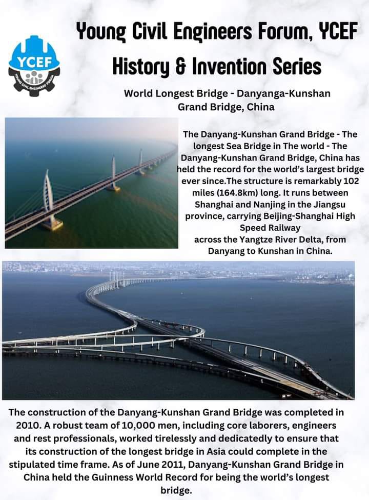 #YCEFHistoryAndInventions : World Longest Bridge -  Danyang Kunshan Grand-bridge China
The longest SeaBridge in The world - The Danyang-Kunshan Grand Bridge, China has held the record for the world’s largest bridge ever since.The structure is remarkably 102 (164.8km) miles long.