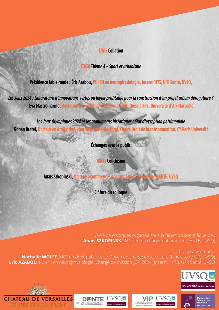 🥳 C'est demain ! Le colloque Sport et politiques publiques, au Château de Versailles. Un grand merci au <a href="/CRCVersailles/">CRCV</a> pour son accueil.

4 thèmes seront abordés  :
- Sport et (in)égalités
- Sport et sécurité
- Sport et géopolitique
- Sport et urbanisme
dante.uvsq.fr/colloque-sport…