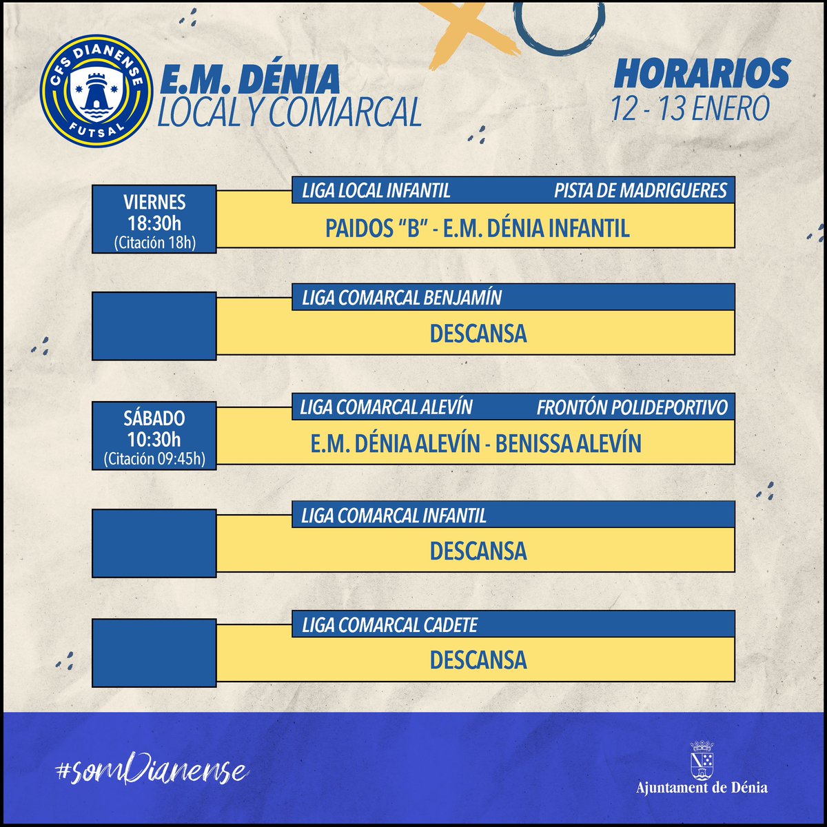 cfsdianense's tweet photo. ¡Volvemos a la competición!
Estos son los horarios de la primera jornada del 2024.
Mucha suerte a nuestros equipos 🤞🏻🤞🏻 https://t.co/zQyu7uk9z4