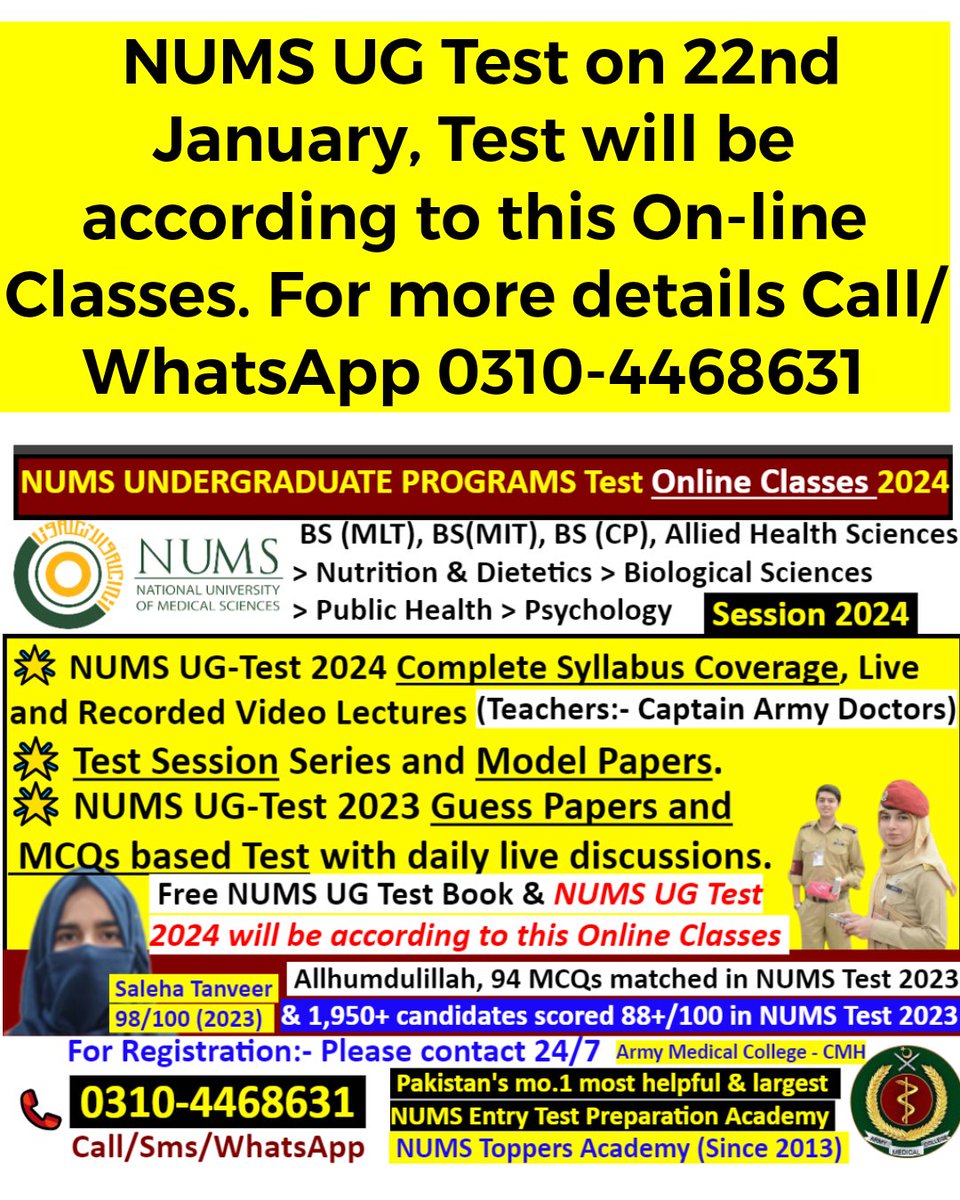 NumsPmc's tweet photo. #NUMS UG Test Date 22nd January

Test will be according to this On-line Classes  #numsundergraduate
#NUMS #CMH #NUMSadmissions #CMHadmissions #CMHmeritlist #NUMSundergraduateadmissions #NUMSentrytest #armymedicalcollege #armydoctors #cmh #CMH #CMHLahore #CMHUGTest https://t.co/1TrZYSCidD